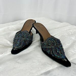 Vintage Charles Albert Black Blue Beaded Sequins Mules